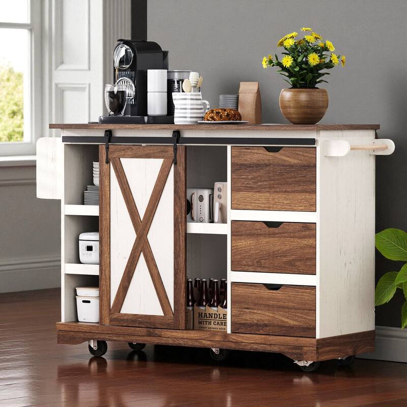 55.5" Farmhouse Kitchen Island with Drop Leaf, Barn Door, Power Outlet, Drawers & Shelves, Rolling Cart on Wheels