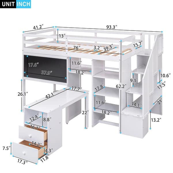 White Twin Size Loft Bed with Pullable Desk and Storage Shelves, Staircase and Blackboard