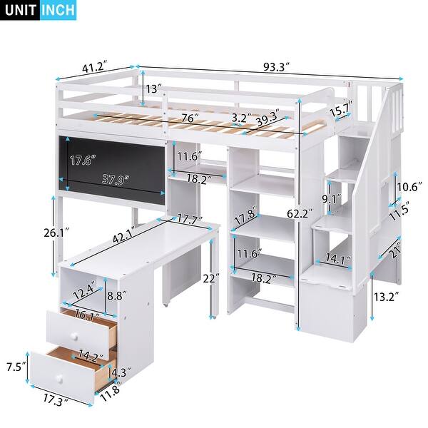 White Twin Size Pinewood Loft Bed with Pullable Desk, Shelves, Storage Staircase, and Blackboard