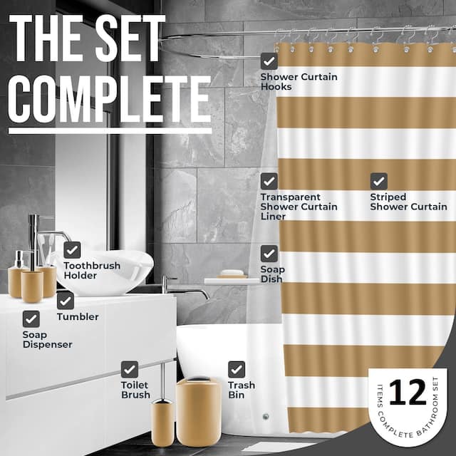 Clara Clark 12 Piece Complete Bathroom Accessories Kit with Shower Curtain Set and Bath Rug Set