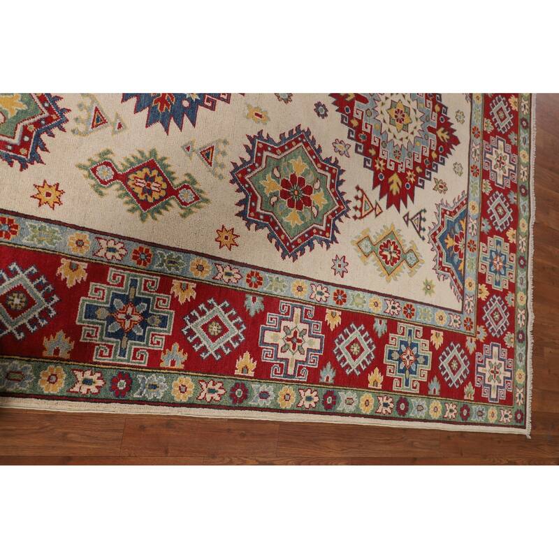 Beige / Ivory Traditional Kazak Oriental Area Rug Handmade Wool Carpet - 6'7" x 9'10"