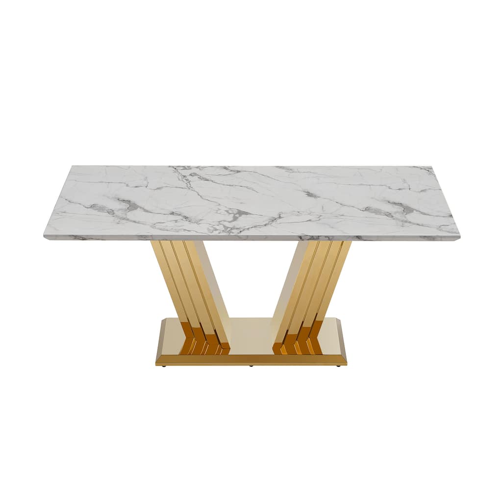 70'' Rectangle Faux Marble Dining Table with Mirrored Finish Stainless Steel Base - Gold+White