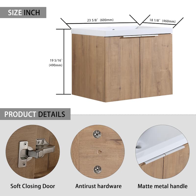 24" Floating Bathroom Vanity with Resin Sink, Side Cabinet, Soft-Close Hinges, and Water-Resistant Plywood Construction