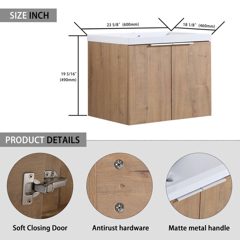 30" Floating Bathroom Vanity with Resin Sink, Soft Closing Door, and Ample Storage Space - 23.6in L Plywood