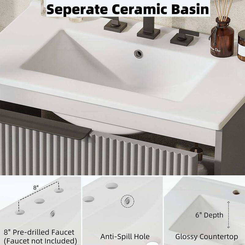 30 Inch Freestanding Bathroom Vanity with Ceramic Sink,Full-Extension Drawers,and Fluted Design