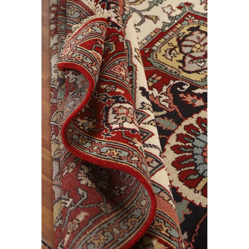 Hand Knotted Oriental 100% Wool Carpet Traditional Medallion Beige & Ivories Heriz (serapi) Area Rug - 12' 2'' X 8' 9''