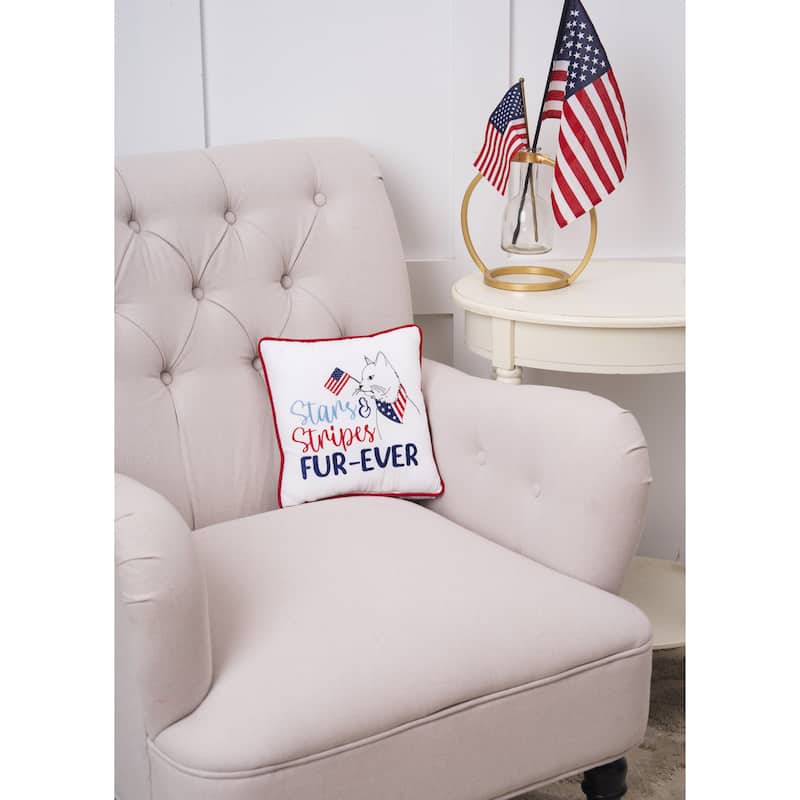 10" x 10" Patriotic Stars & Stripes Fur-Ever Cat Small/Petite Embroidered Accent Pillow