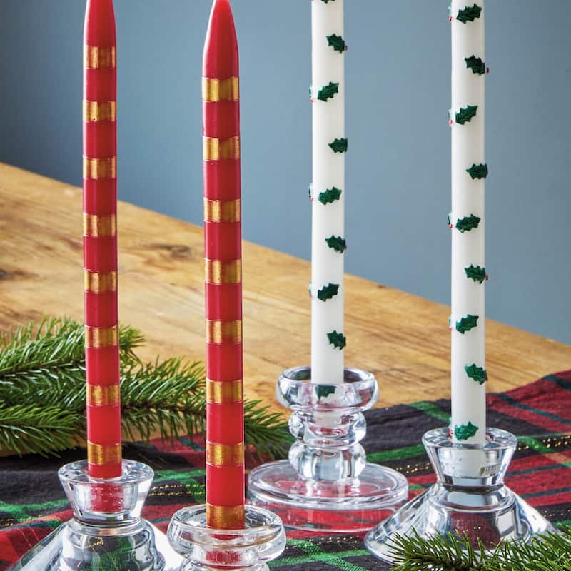 Holly Berries Hand Painted Taper Candles - Christmas Green Multi, 12" Tall, 6-Hour Burn Time, Paraffin Wax