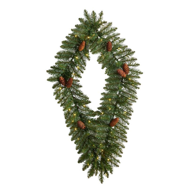 Pinecone Artificial Diamond Christmas Wreath, 36-", Clear LED Lights - Green