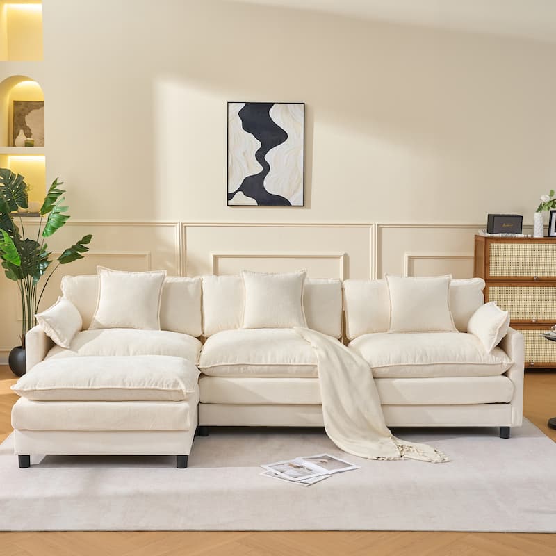 108" L-Shaped Sectional Sofa with Ottoman, 4-Seat Chenille Deep Seat Couch with Pillows, Modern Oversized Sofa for Living Room - Beige