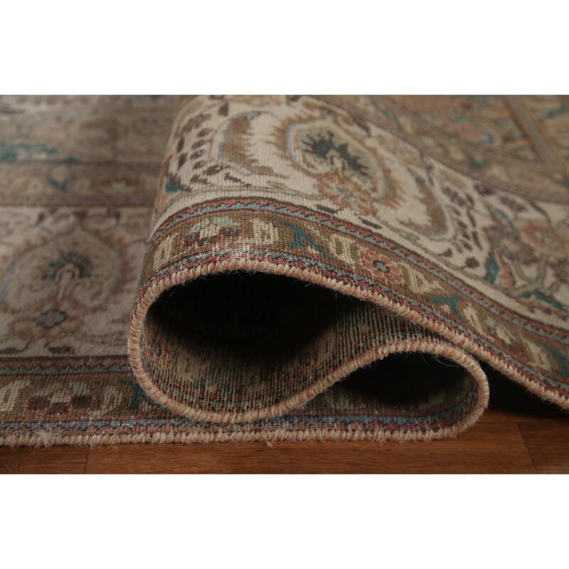 Distressed Geometric Tabriz Persian Antique Rug Handmade Wool Carpet - 9'8" x 13'5"