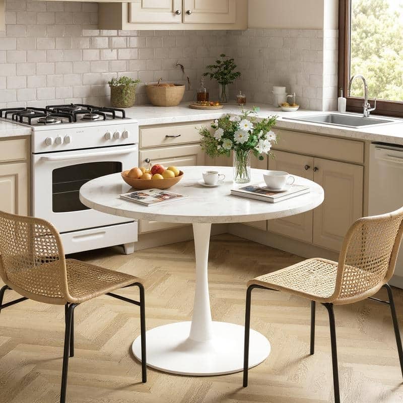 Grondin Mid-Century Modern Round Kitchen or Dining Table with Premium MDF Top and Steel Pedestal Base for Dining Room