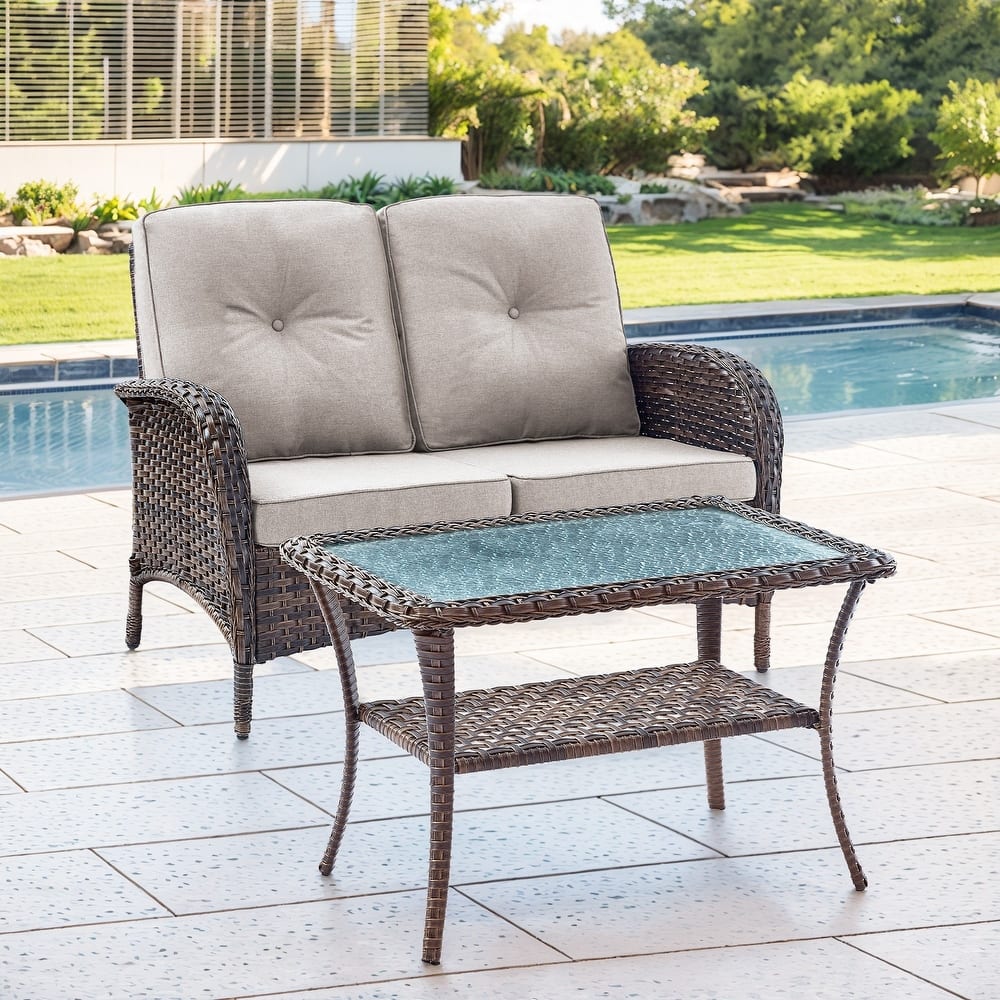 Gymojoy Outdoor Wicker Loveseat with Coffee Table and Outdoor Cushions