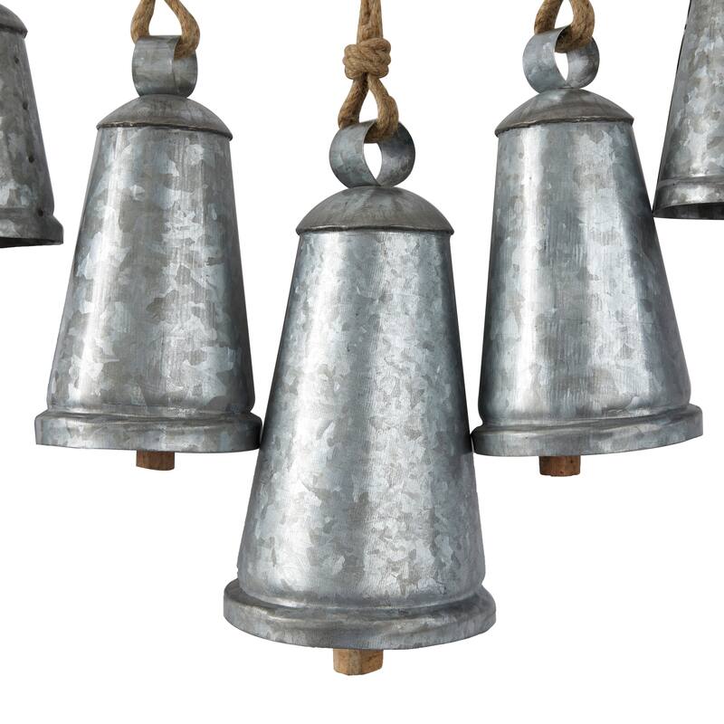 Gray or Bronze Metal Tibetan Inspired Decorative Cow Bell with Jute Hanging Rope and Rod