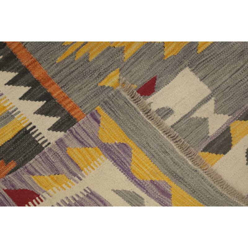 Hand Woven Oriental 100% Wool Carpet Southwestern Tribal Greys & Charcoal Kilim Area Rug - 9' 9'' X 6' 9''