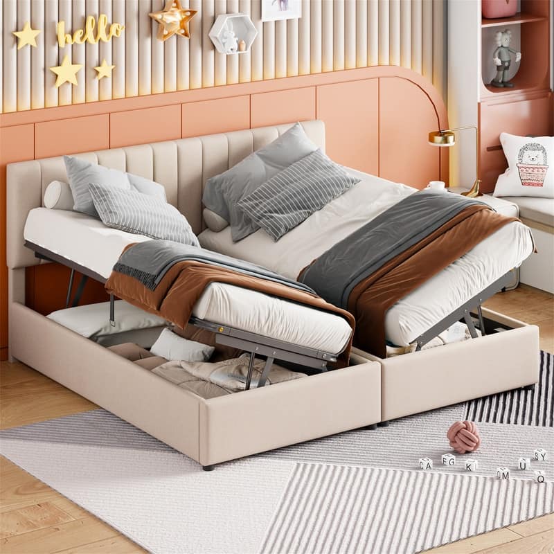 King Size Lift Up Storage Bed with Headboard and Underneath Storage, Upholstered Platform Bed with a Hydraulic Storage System