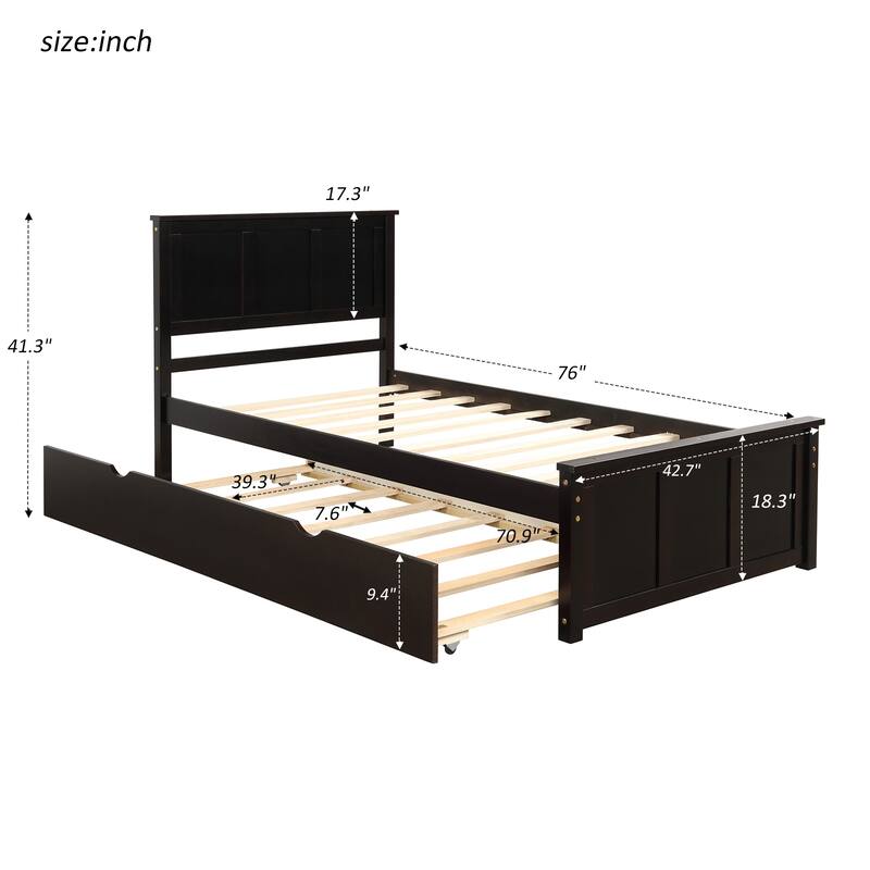 Roomfitters Twin Wood Platform Bed with Pull-Out Trundle, Espresso Finish