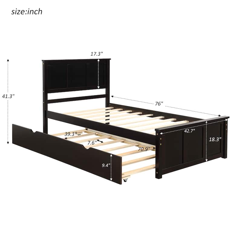 Twin Size Platform Bed with Trundle, Solid Wood Frame, Space-Saving Design, Pine & MDF Construction, No Box Spring Needed