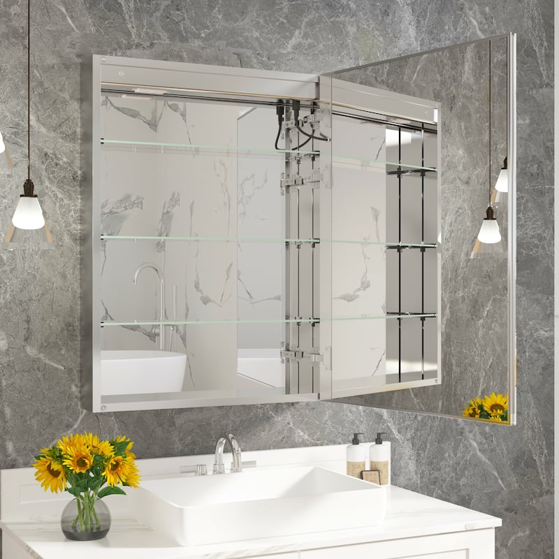 Rectangular Aluminum Recessed/Surface Mount Frameless Anti-Fog Medicine Cabinet with Dimmable LED Lights