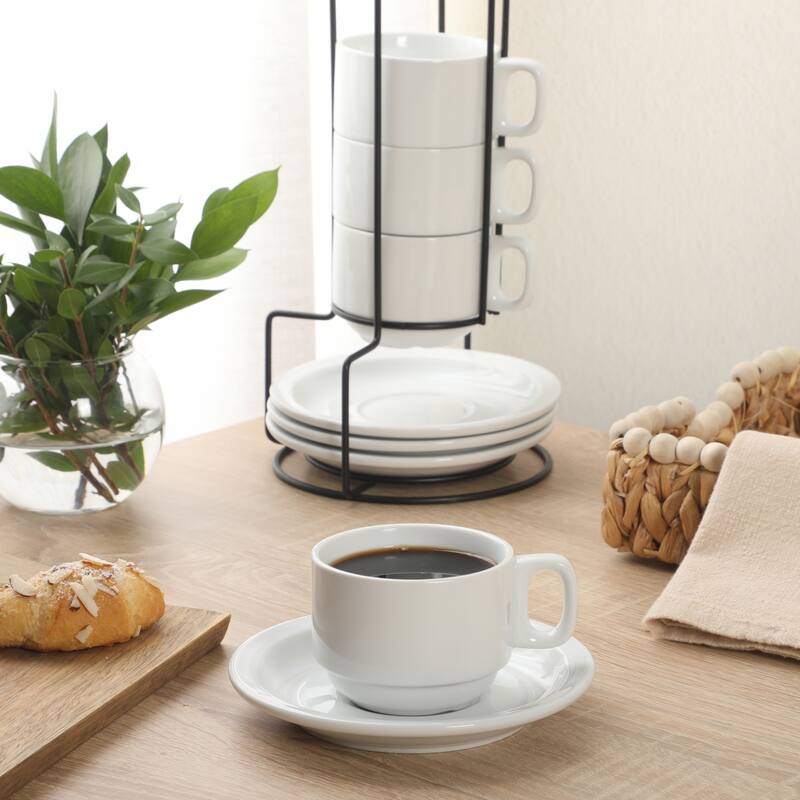 Gibson Home Gracious Dining Cups and Saucers Set of 4, Stackable Coffee Set with Metal Stand for Espresso and Cuppuccino