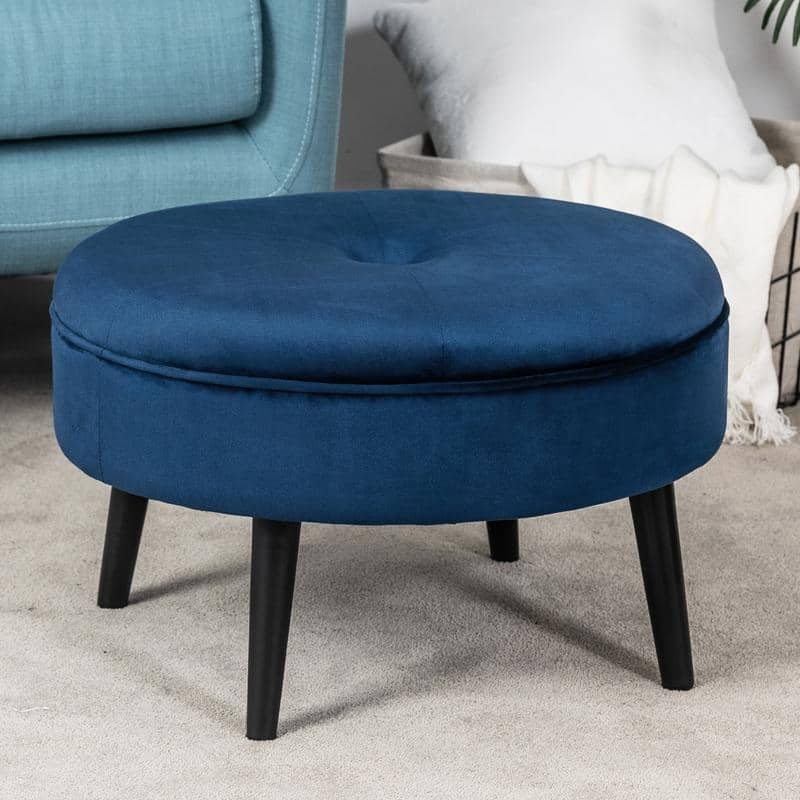 Carson Carrington Indnas Round Velvet Cocktail Coffee Table Ottoman - Blue
