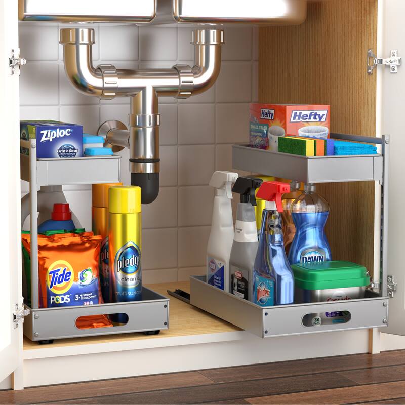 Sorbus Under Sink Organizer with Sliding Tracks and Adhesive Tape, 2-Tier Metal Pull Out Storage Rack - 2 Pack - Silver