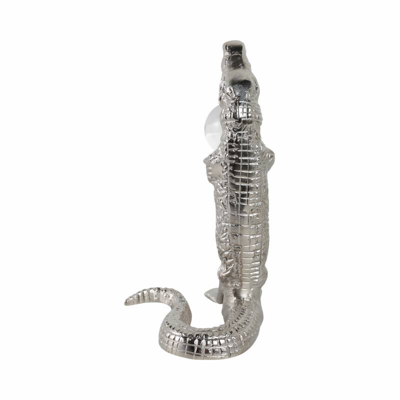Metal Glass Alligator Figurine Holding Acrylic Clear Orb - 11" Silver - 6.5" x 5" x 10.5"