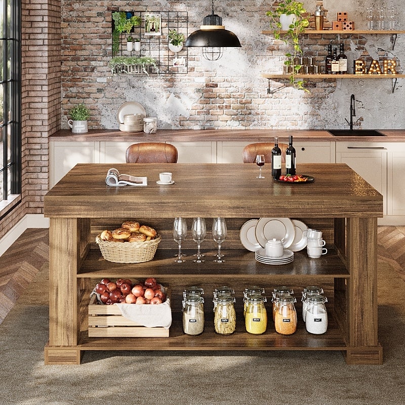 55-Inch Stationary Kitchen Island with Storage Shelves and Large Worktop, Farmhouse Style, Light Brown - Dark Brown