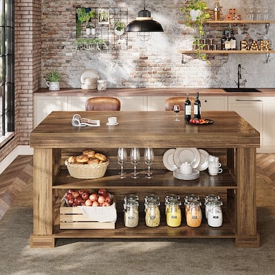 55-Inch Stationary Kitchen Island with Storage Shelves and Large Worktop, Farmhouse Style, Light Brown