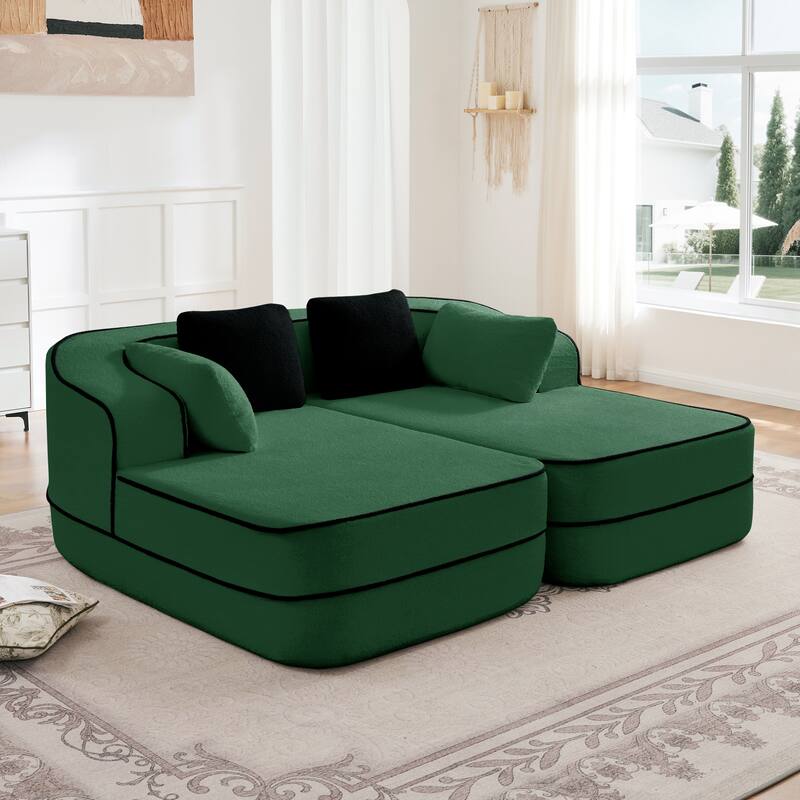 77.2" Double Chaise Lounge Chair, Upholstered Sofa Bed, Teddy Fabric Sleeper Couch with Pillows, Modern Loveseat for Living Room - Green