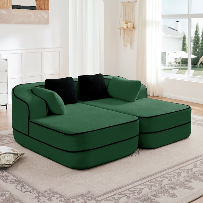 GDF Studio - Greenbrier 77.2" Modern Teddy Upholstered Boneless Sleeper Sofa with Double Chaises, and Contrast Color Design - Green - 77.2"