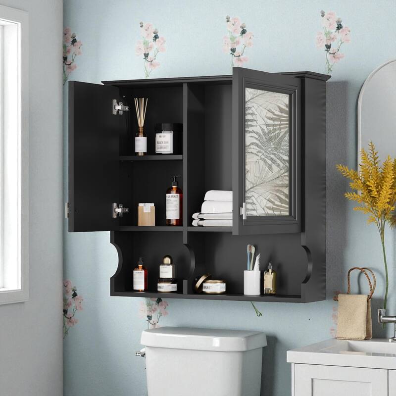 30" Wall Mounted Mirror Medicine Cabinet with Adjustable Shelf, Bathroom Storage Cabinet with Doors and Open Shelves