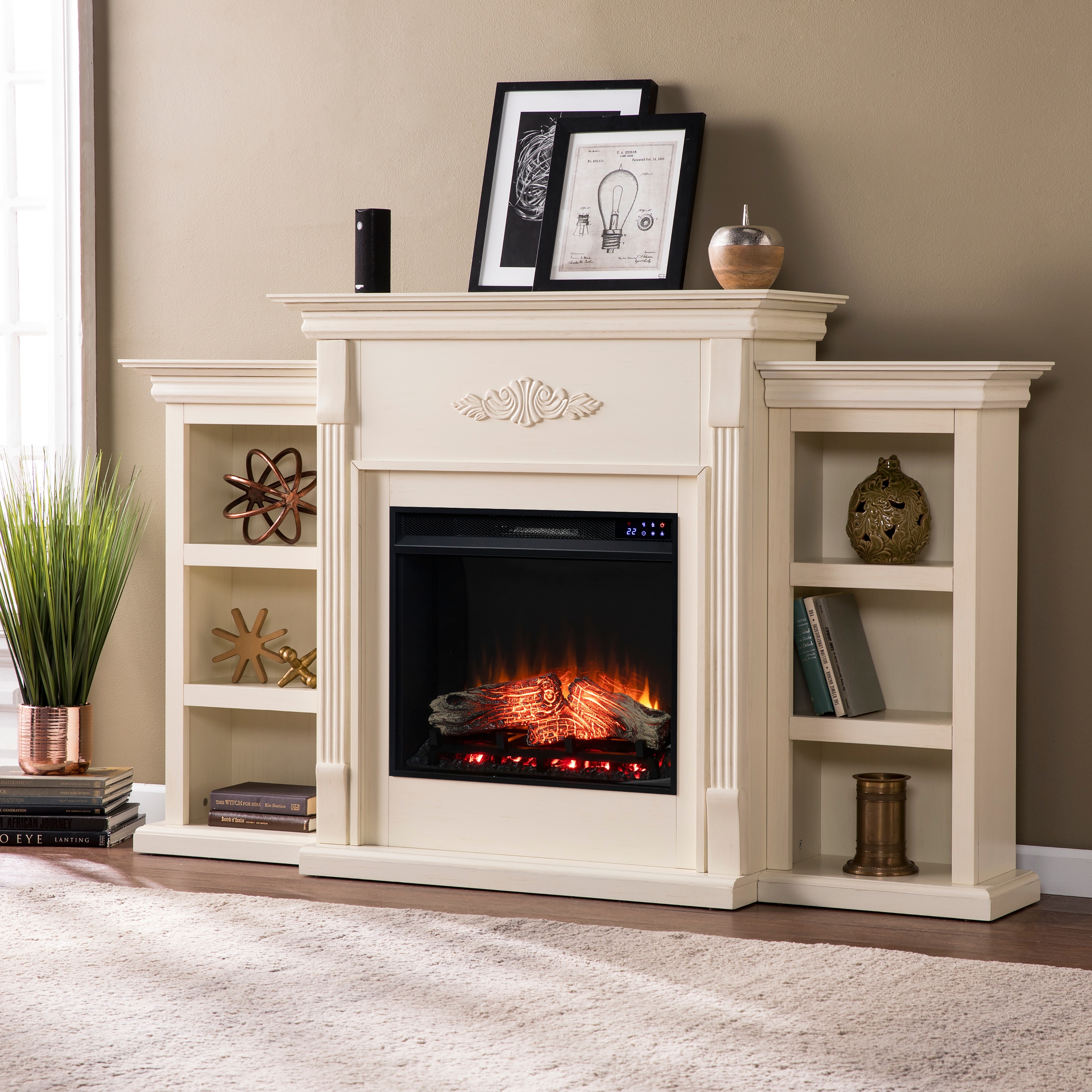 SEI Furniture Forbes Electric Fireplace 70-inch Ivory Mantel with Bookcase Storage