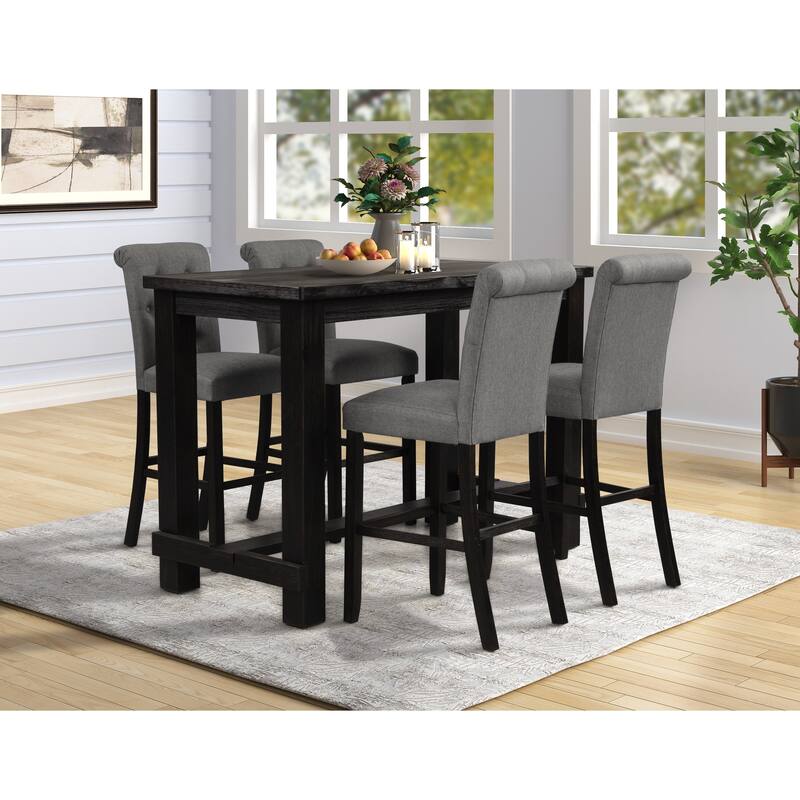 Roundhill Furniture Leviton Antique Black Finished Wood 5-Piece Pub Set, Table with 4 Upholstered Barstools - Grey