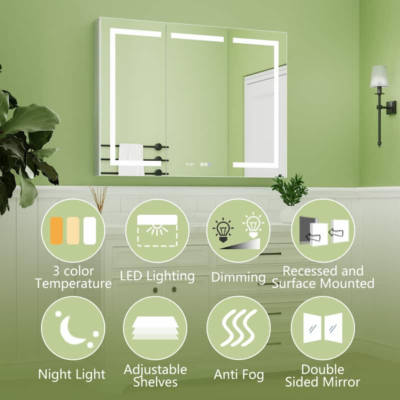 ExBrite LED Lighted Bathroom Medicine Cabinet with Mirror, Recessed or Surface
