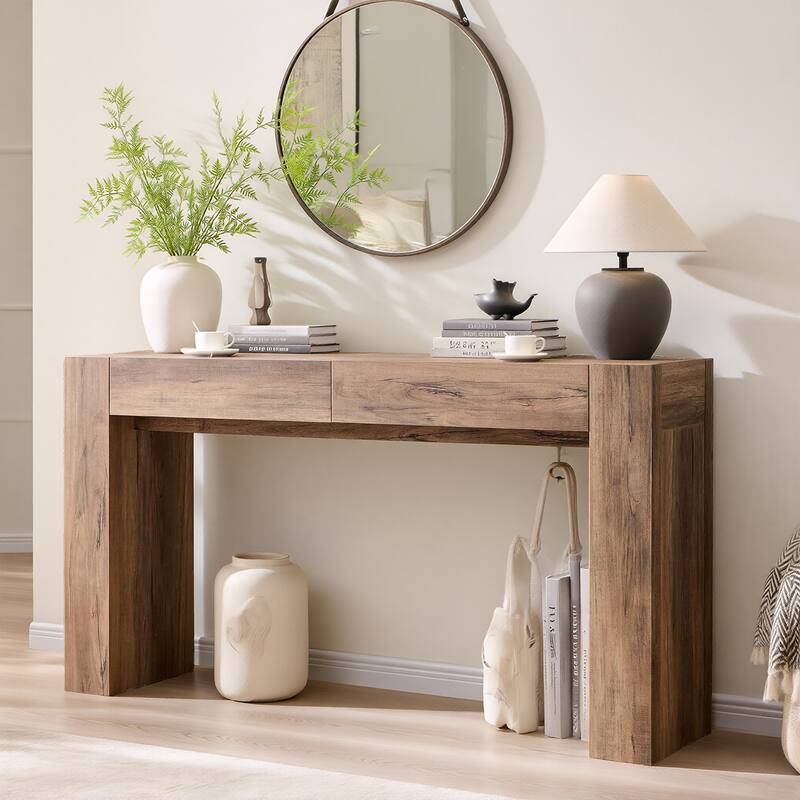 Modern Entryway Console Table, Thick Wood Sofa Table with Drawers - Rustic Oak
