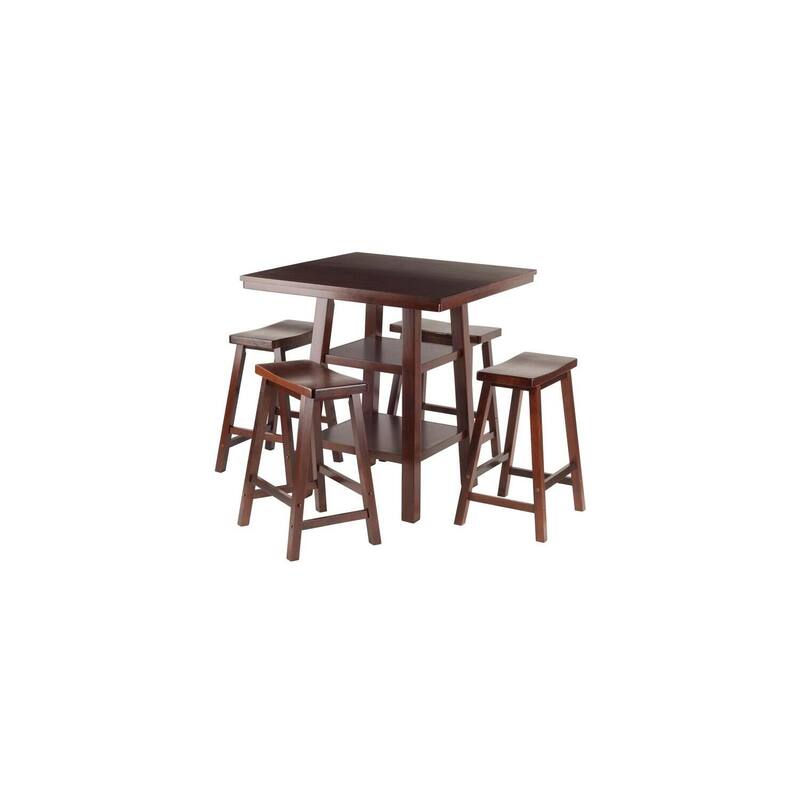Bohemian Bar Table with 4 Stools - High Dining Set, Walnut Finish, 33.8" Square Table
