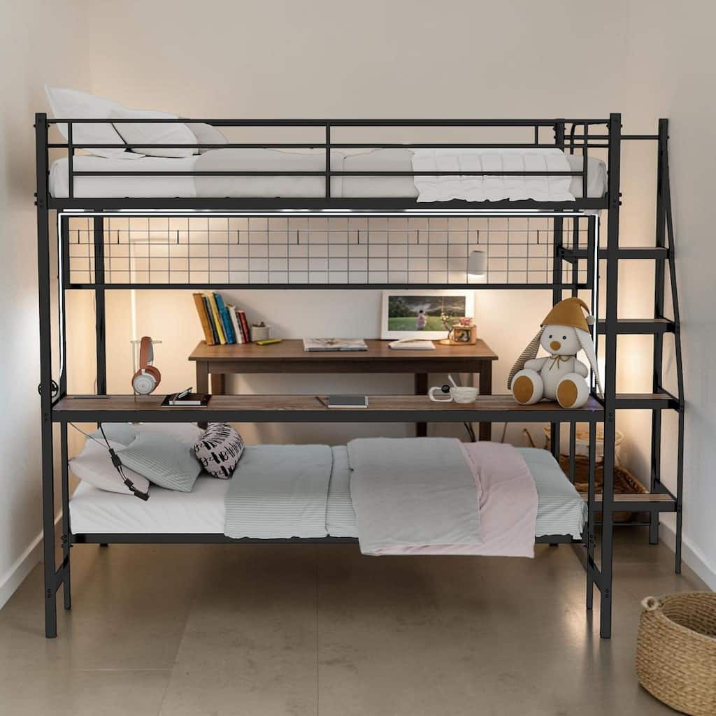 Full Over Twin Metal Bunk Bed with Desk and LED Light, Loft Bed Frame with Storage Shelves Space Saving