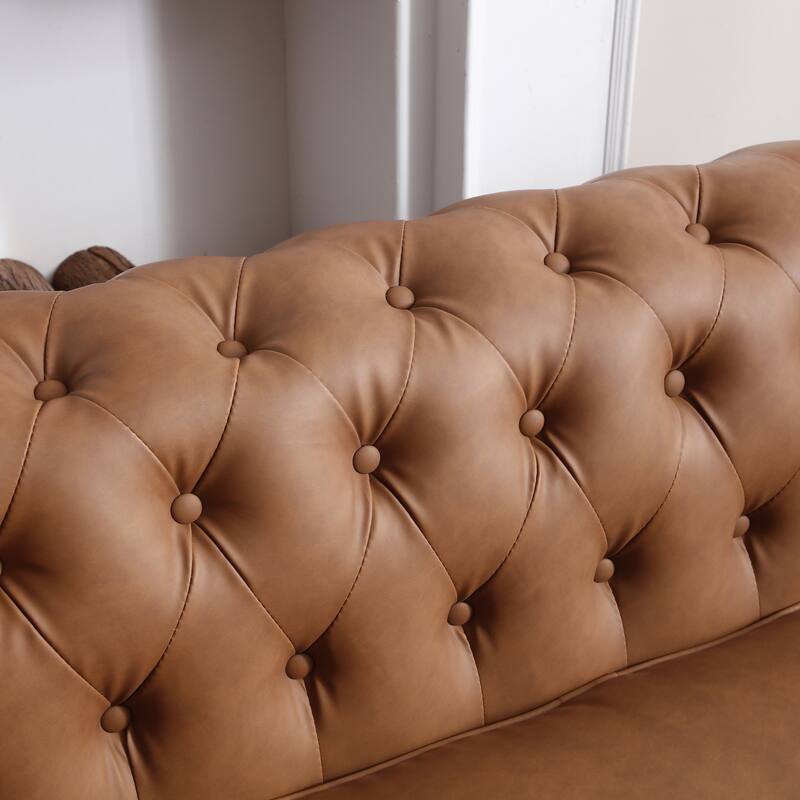 Brown Faux Leather Chesterfield Sofa, 88"L x 37"W x 28"H
