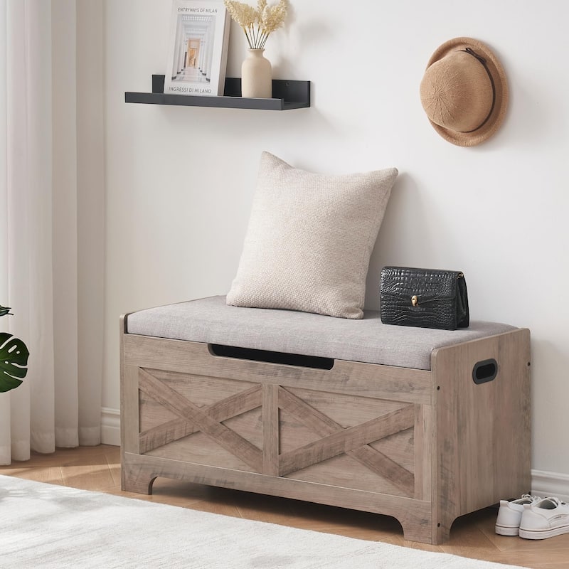 Farmhouse Grey Entryway Shoes Bench Lift-Top Wooden Storage Trunk - 15.7"D x 39.4"W x 18.1"H