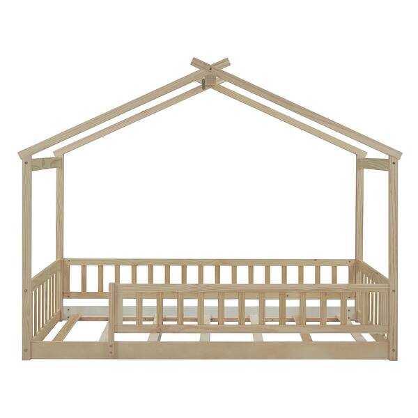 slide 2 of 9, Twin Size Wood Bed House Bed Frame with Roof Fence and Guardrail, Gray Natural - Twin