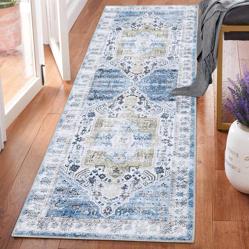 Vintage Medallion Living Room Rug Washable Soft Non-Slip Low Pile Area Rug Indoor Distressed Accent Rug