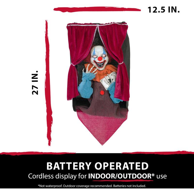 Haunted Hill Farm Animatronic Clown, Indoor/Outdoor Halloween Decoration, Flashing Red Eyes, Talking, Battery-Operated