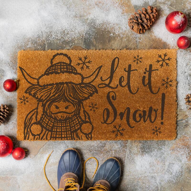 Holiday Highland Cow Coir Door Mat - "Let It Snow" - 28" x 16"