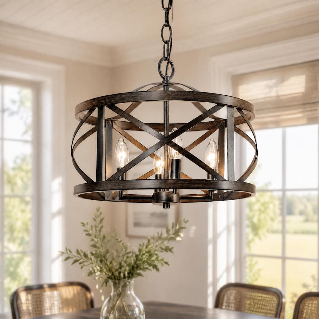 LALUZ Modern Farmhouse 4-Light Drum Chandelier Wood Grain Lights for Dining Room - D15.5" x H76"