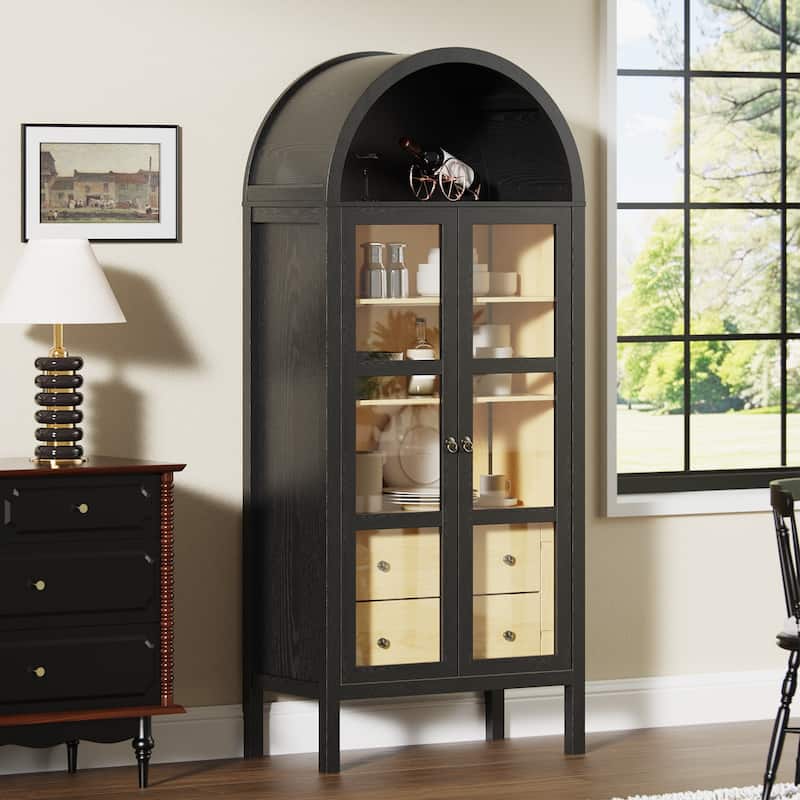 Modern Arched Cabinet with Glass Doors,72" Tall Arch Storage Cabinet with Height Adjustable Shelf and 2 Drawers Bookshelf