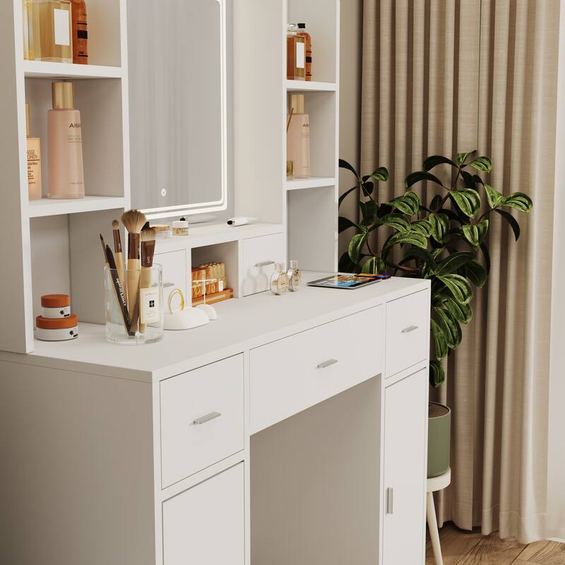 Dressing Table with LED Mirror and Hair Dryer Rack, Dressing Tables with Dressing Stools, for Bedroom and Dressing Room