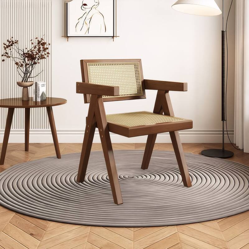 Mid-Century Accent Chairs with Rattan Back & Arms (Set of 2)