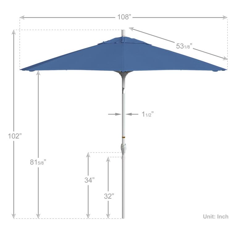 California Umbrella 9' Round Crank Lift Push Button Tilt White Aluminum Patio Umbrella with Olefin Royal Blue Fabric