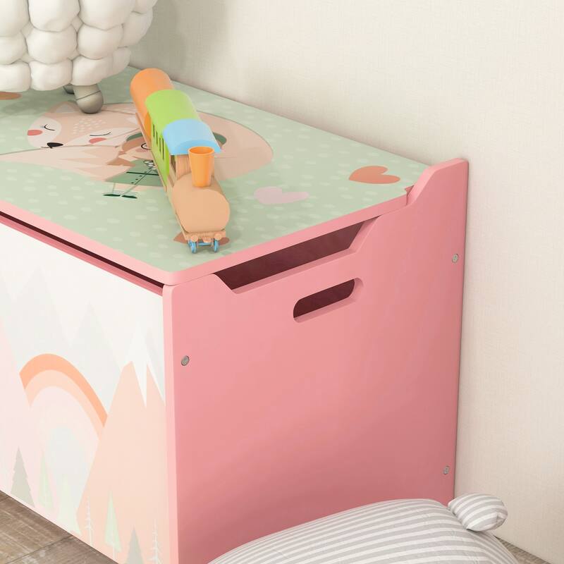 Qaba Toy Box with Lid, Toy Chest Storage Organizer for Bedroom with Safety Hinge, Cute Animal Design, Pink